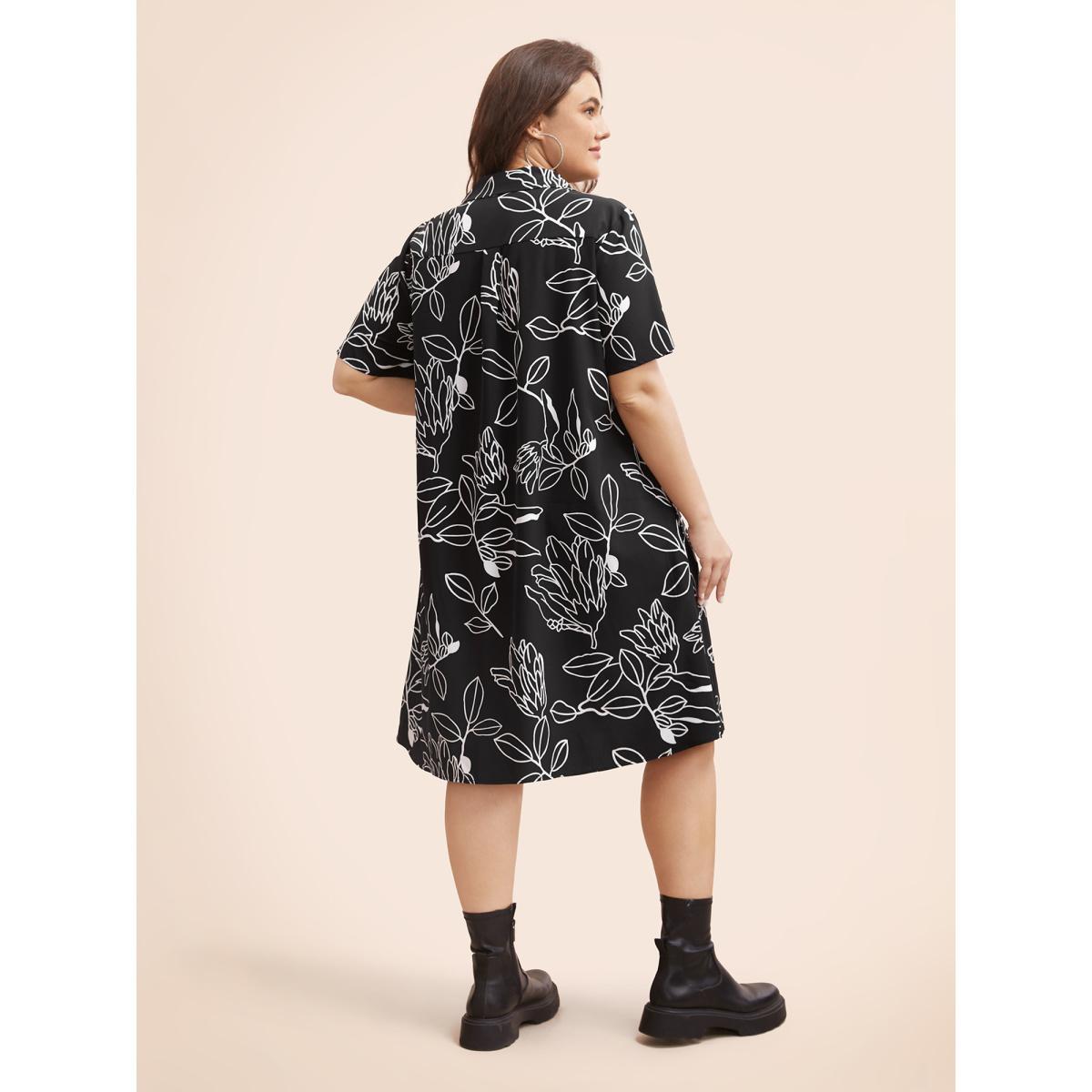 Plus Size Floral Shirt Collar Button Up Dress Black Women Elegant Button Shirt collar Short sleeve Curvy BloomChic 14-16/1X Product Image