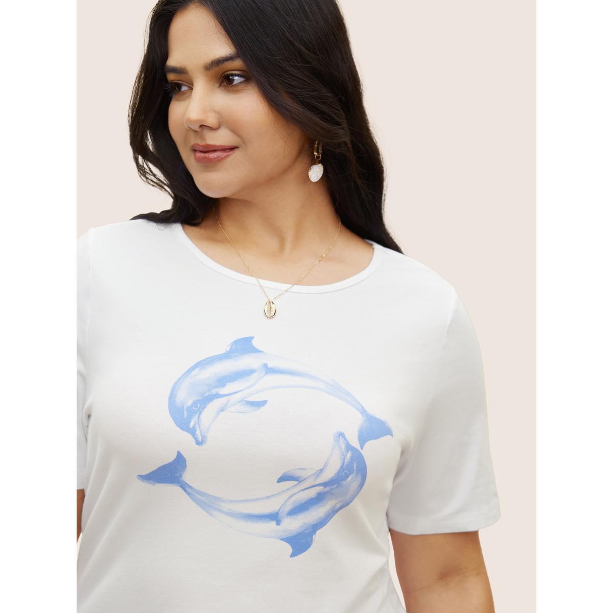 Plus Size Crew Neck Dolphin Print Arc Hem T-shirt Originalwhite Women Resort Contrast Marine Round Neck Vacation T-shirts BloomChic 22-24/3X Product Image