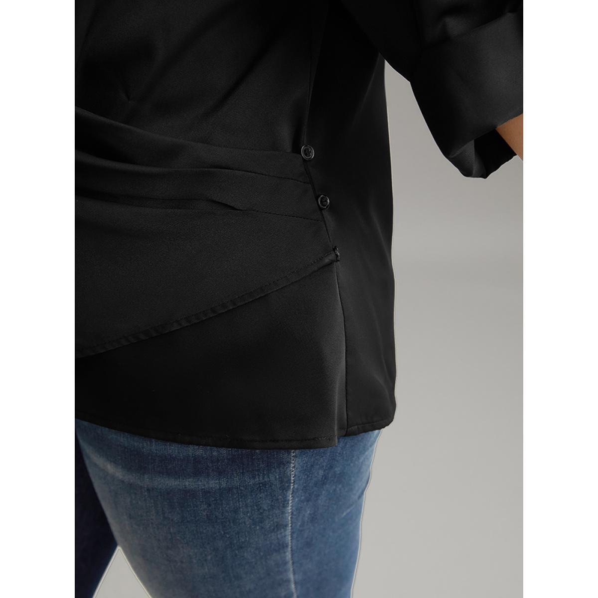 Plus Size Black Plain Tab Sleeve Wrap Pleated Blouse Women Work From Home Long Sleeve V-neck Work Blouses BloomChic 12/L Product Image