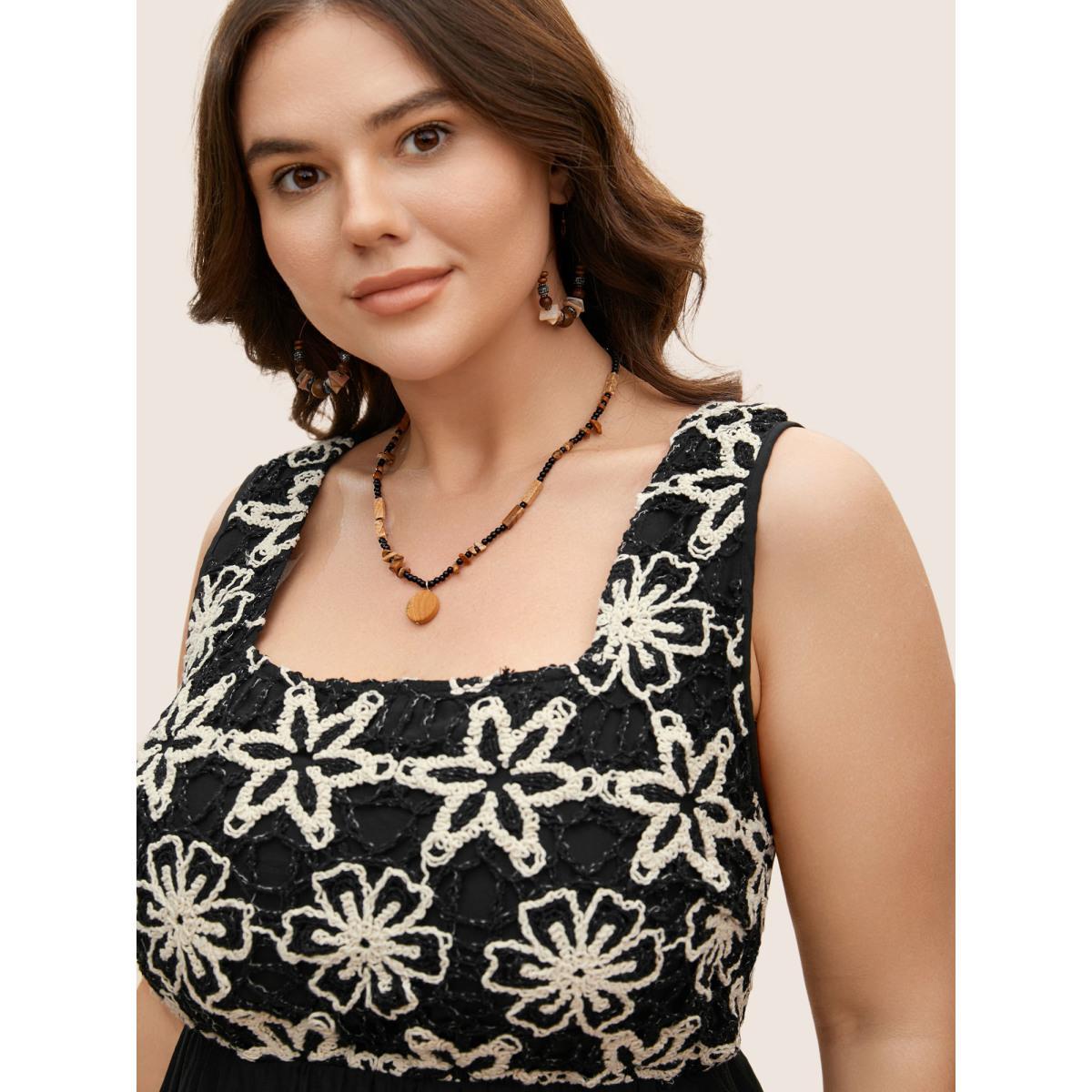 Plus Size Square Neck Crochet Floral Patchwork Tank Top Women Black Resort Contrast Square Neck Vacation Tank Tops Camis BloomChic 12/L Product Image