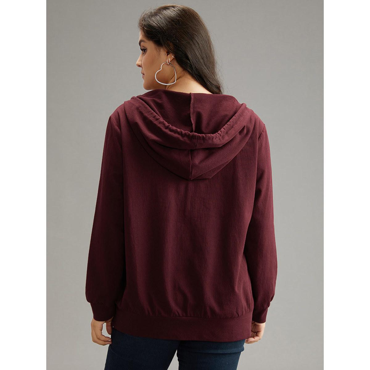 Plus Size Cotton Hooded Drawstring Sweatshirt Women Burgundy Elegant Wrap Hooded Dailywear Sweatshirts BloomChic 14-16/1X Product Image