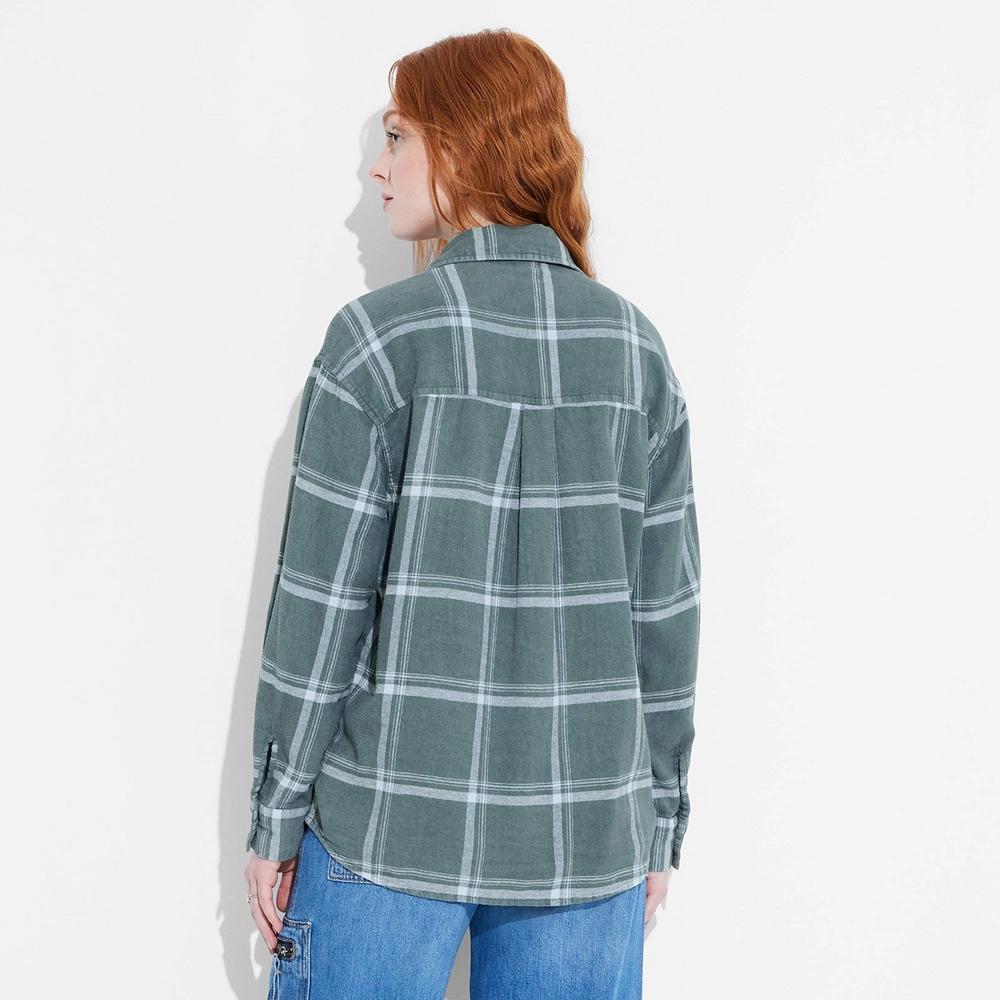 Womens Long Sleeve Oversized Flannel Button-Down Shirt - Wild Fable Dark Plaid L Product Image