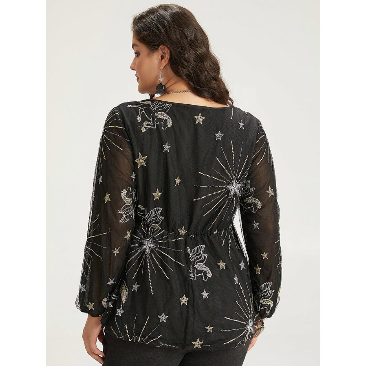 Plus Size Black Halloween Star Elastic Waist Mesh Patchwork Lantern Sleeve Blouses Women Elegant Long Sleeve Round Neck Festival-Halloween Blouses BloomChic 22-24/3X Product Image