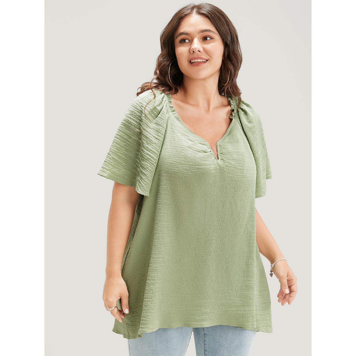 Plus Size Green Plain Notched High Low Hem Ruffle Sleeve Frill Trim Blouse Women Elegant Short sleeve V-neck Dailywear Blouses BloomChic 22-24/3X Product Image