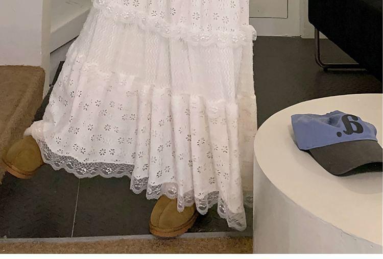 High Waist Plain Lace Panel Maxi A-Line Skirt Product Image
