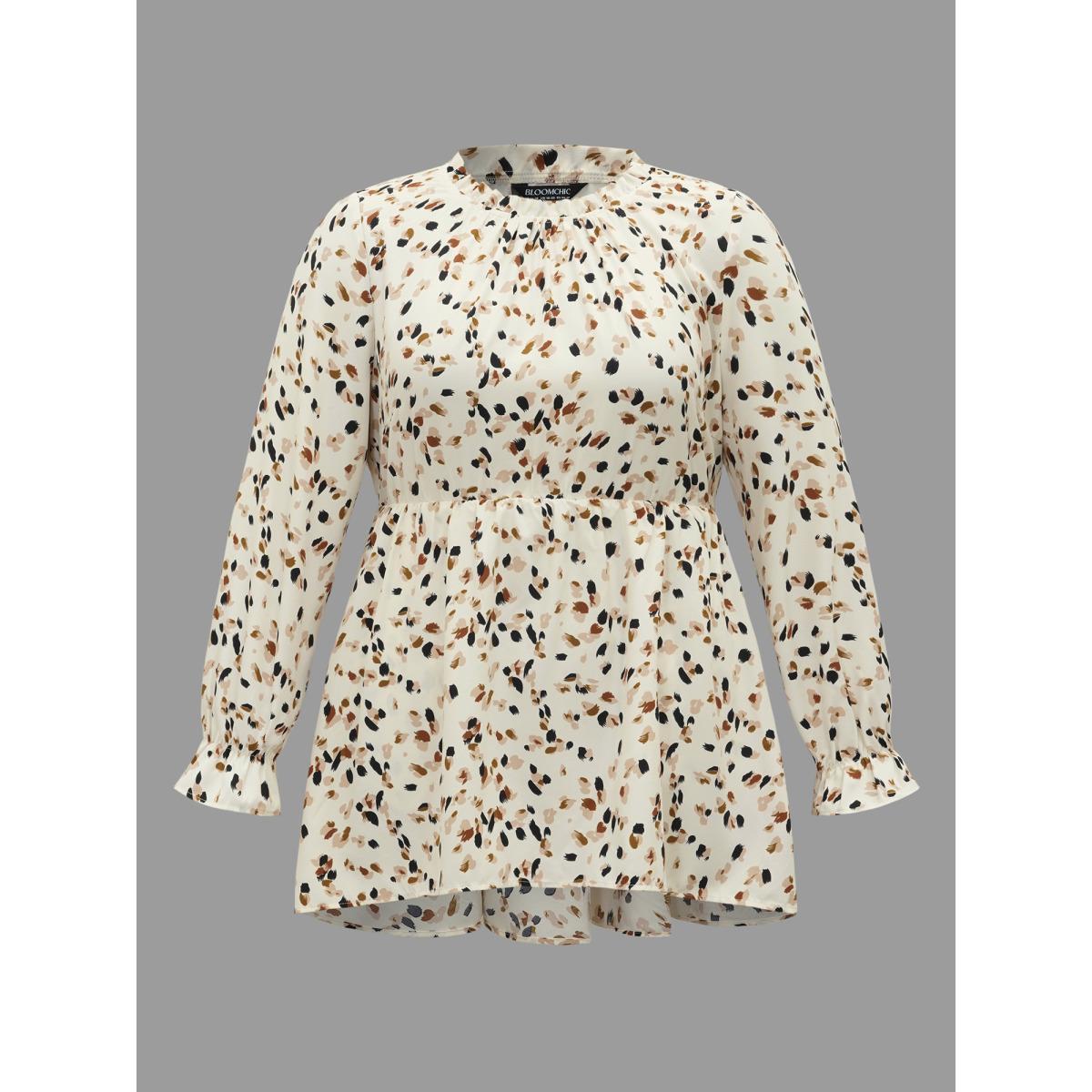 Plus Size Beige Color Leopard Print Frill Trim Blouse Women Elegant Long Sleeve Round Neck Everyday Blouses BloomChic 22-24/3X Product Image
