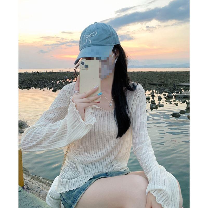 Long Sleeve V-Neck Plain Ribbed Top Product Image