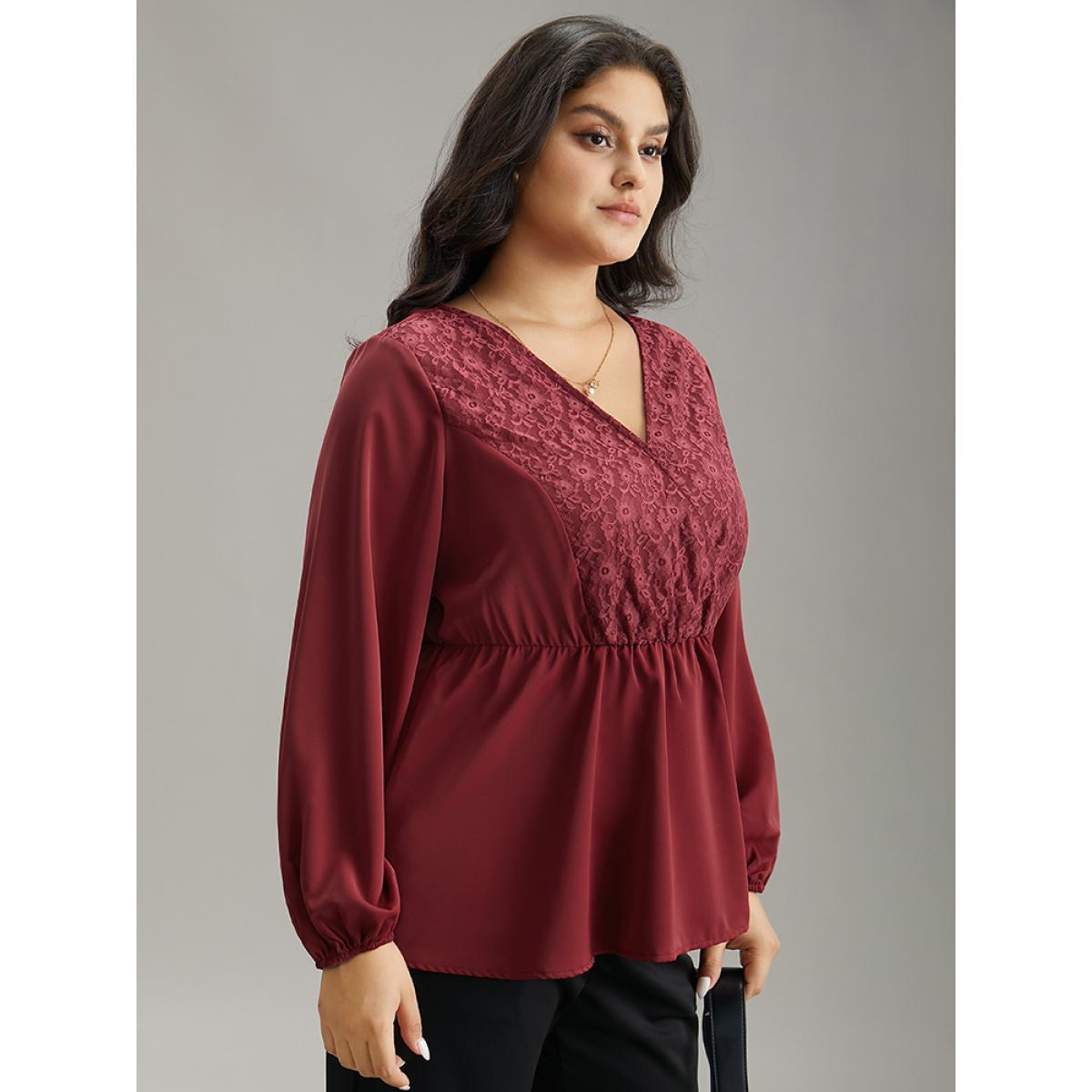 Plus Size Scarlet Static-Free Contrast Lace Lantern Sleeve Blouse Women Office Long Sleeve V-neck Work Blouses BloomChic 30/6X Product Image