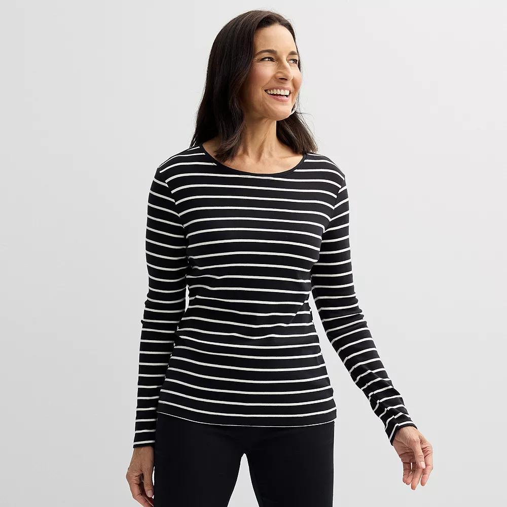 Women's Croft & Barrow® Essential Long-Sleeve Crewneck Tee, Size: XXL, Black Classy Stripe Product Image