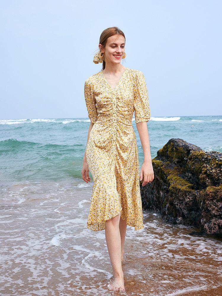 Pleated Fishtail Floral Midi Printed Dress Product Image