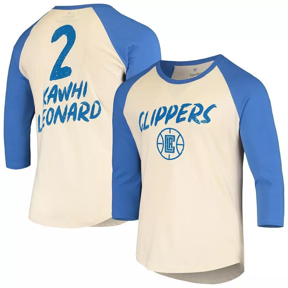 Men's Fanatics Branded Kawhi Leonard Cream/Royal LA Clippers Raglan 3/4 Sleeve T-Shirt, Size: 2XL, Beige Product Image