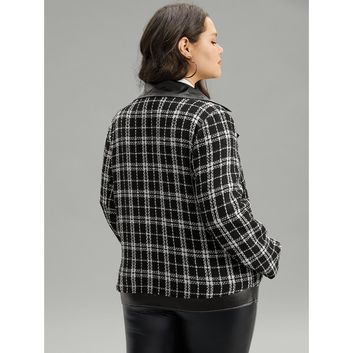 Plus Size Plaid PU Patchwork Zipper Fly Jacket Women Black Contrast Dailywear Jackets BloomChic 30/6X Product Image