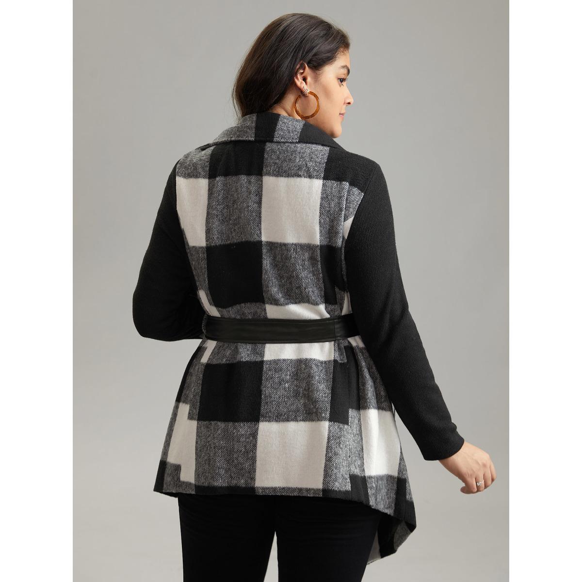 Plus Size Plaid Lapel Collar PU Leather Belted Coat Women Black Casual Belted Ladies Dailywear Winter Coats BloomChic 12/L Product Image