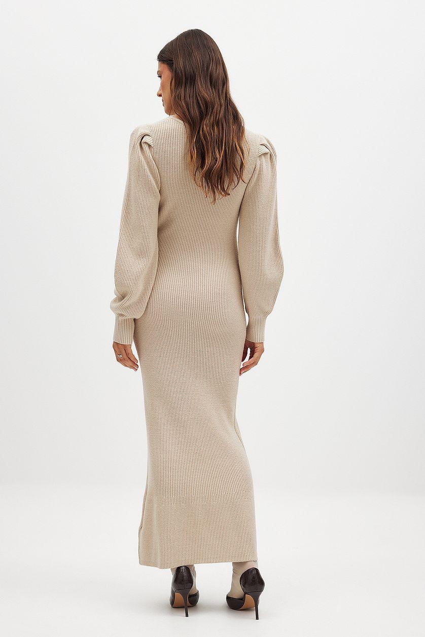 Knitted Scoop Neck Puff Sleeve Dress Product Image