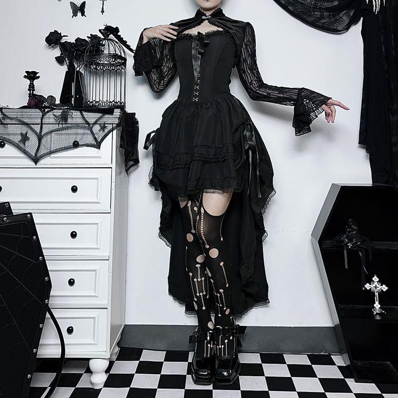 Strapless Plain Bow Lace Trim High Low A-Line Corset Dress Product Image