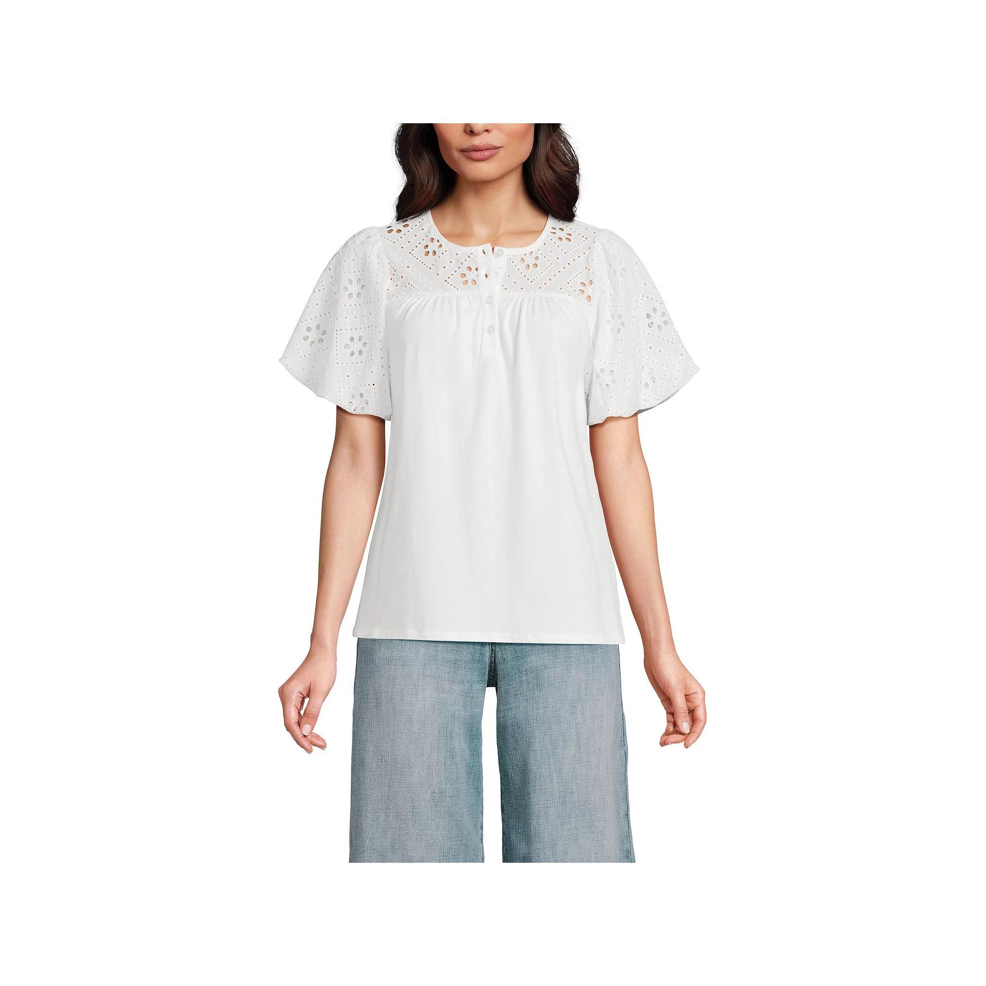 Women's Lands' End Eyelet Crew Puff Sleeve Top, Size: XL, White Product Image
