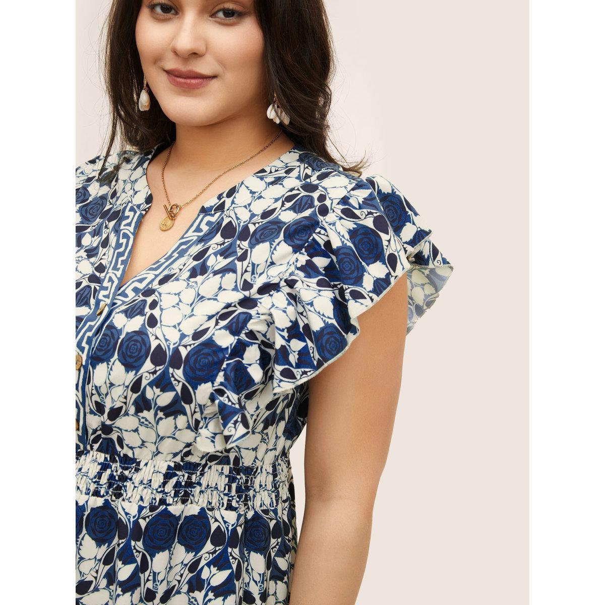 Plus Size Boho Print Ruffles Shirred Pocket Elastic Waist Dress DarkBlue Women Resort Non Notched collar Cap Sleeve Curvy Midi Dress BloomChic 12/L Product Image