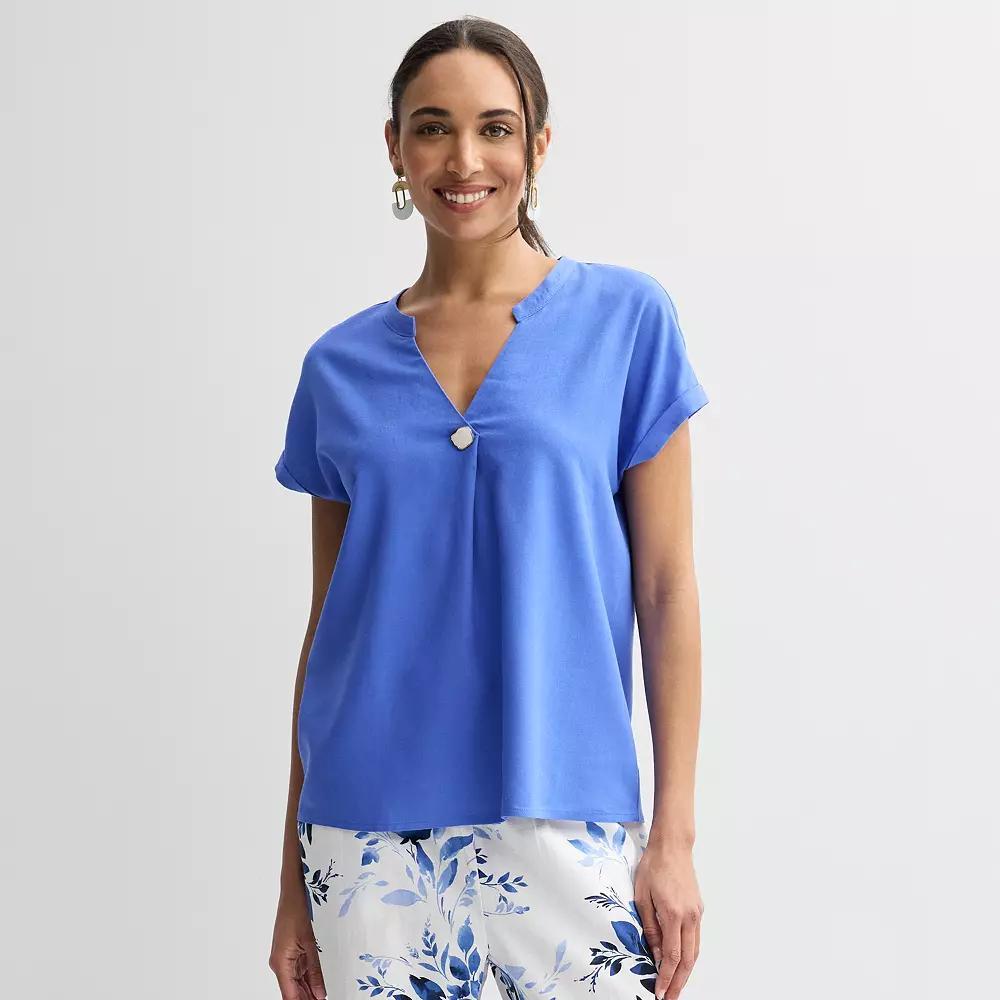 Women's Ellen Tracy Linen Faux Pearl Button Drop Sleeve Top, Size: Small, Blue Product Image