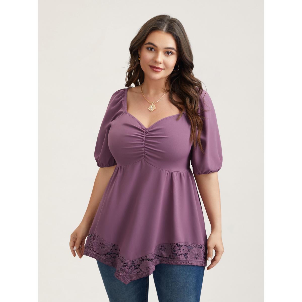 Plus Size Mauve Sweetheart Neck Lace High-Low Hem Shirt Women Elegant Half Sleeve Heart neckline Everyday Blouses BloomChic 28/5X Product Image