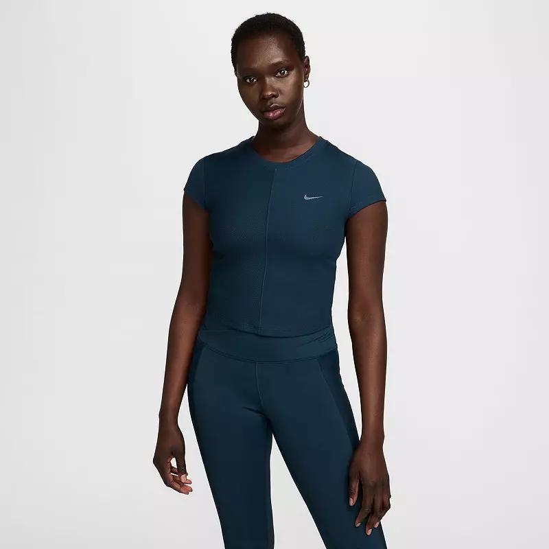 Women's Nike One Ribbed Short Sleeve Top, Size: Large, Blue Product Image