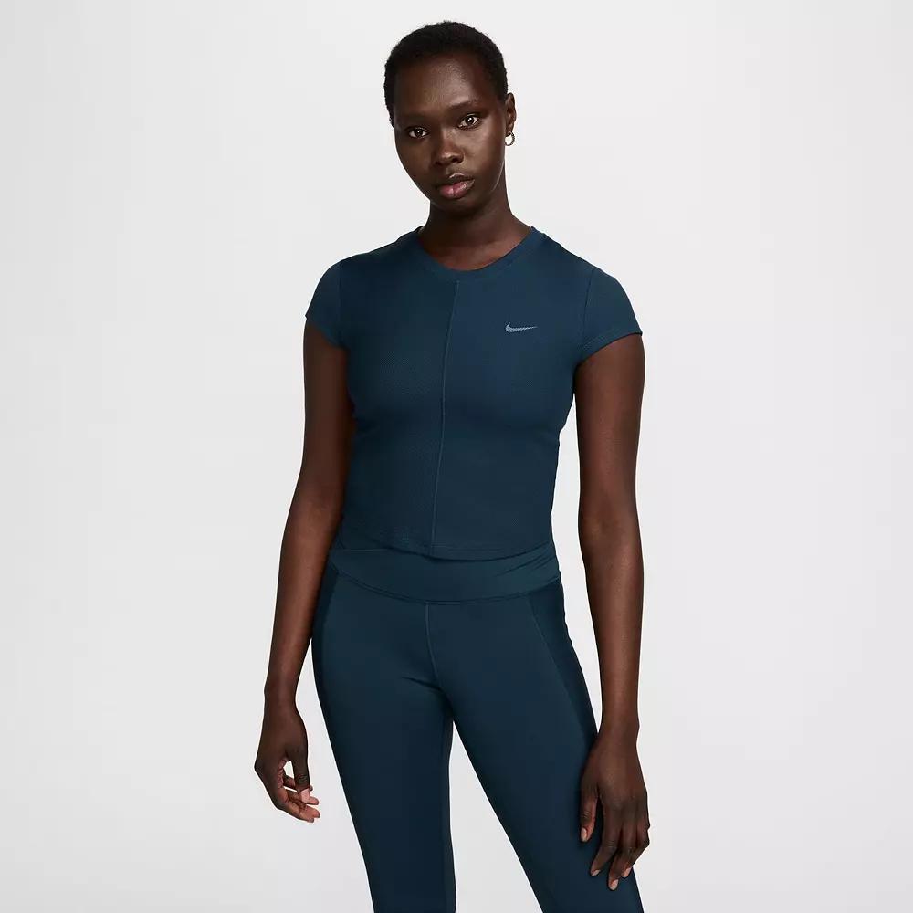 Women's Nike One Ribbed Short Sleeve Top, Size: Large, Blue Product Image
