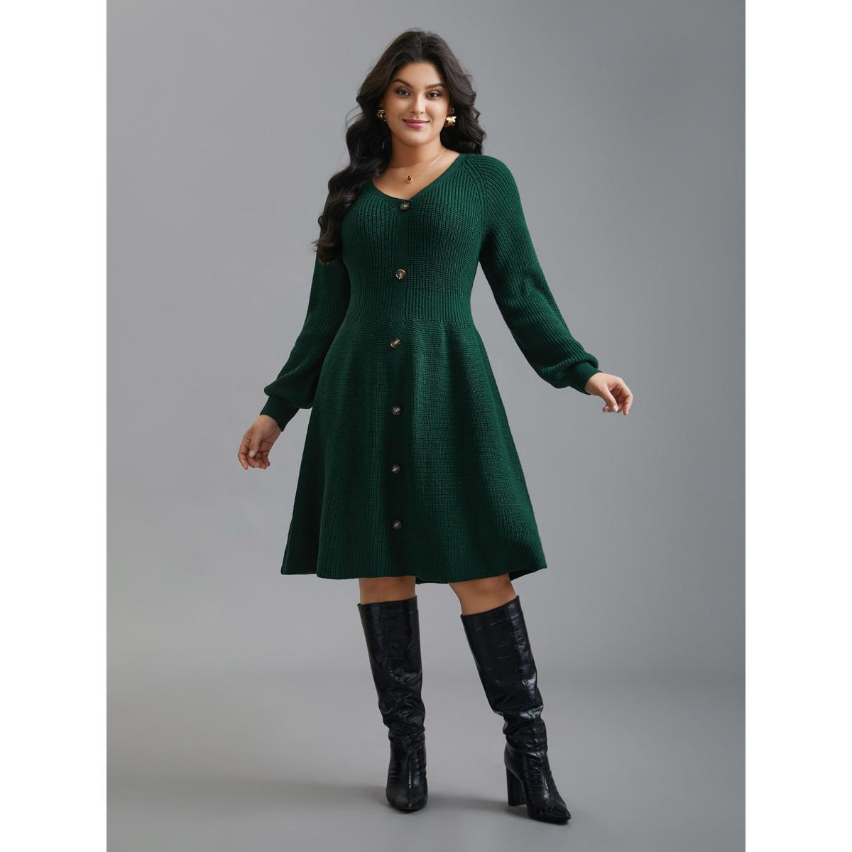Plus Size Raglan Sleeve Textured Button Detailing Dress DarkGreen Women Elegant Bodycon Long Sleeve Everyday Sweater Dresses BloomChic 10/M Product Image