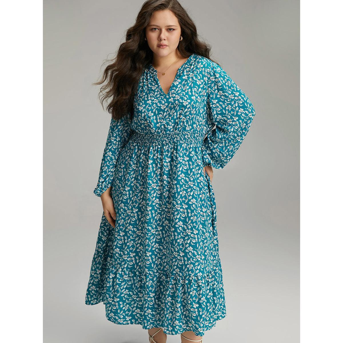 Plus Size Supersoft Essentials Ditsy Floral Shirred Pocket Dress Cerulean Women Elegant Elastic cuffs V-neck Long Sleeve Curvy Midi Dress BloomChic 14-16/1X Product Image
