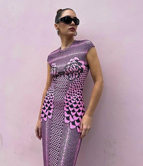 AFRM Cody Petal Print Mesh Crew Neck Cap Sleeve Dress Product Image