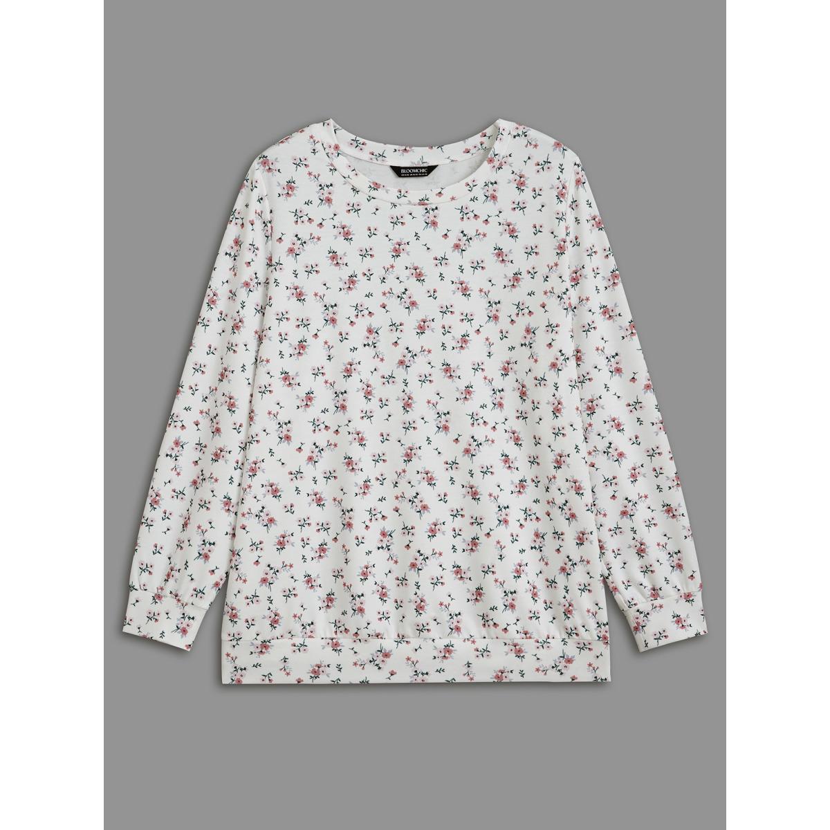Plus Size Ditsy Floral Round Neck Sweatshirt Women Multicolor Casual Contrast Loose Round Neck Everyday Sweatshirts BloomChic 18-20/2X Product Image
