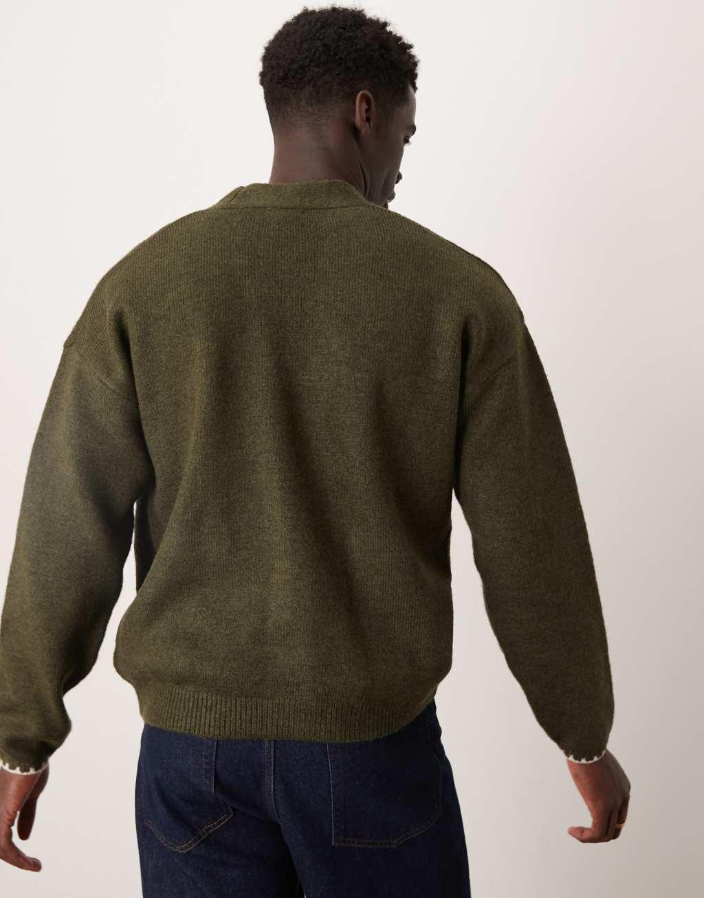 ASOS DESIGN relaxed boxy fit knitted cardigan with blanket stitch detail pockets in khaki Product Image
