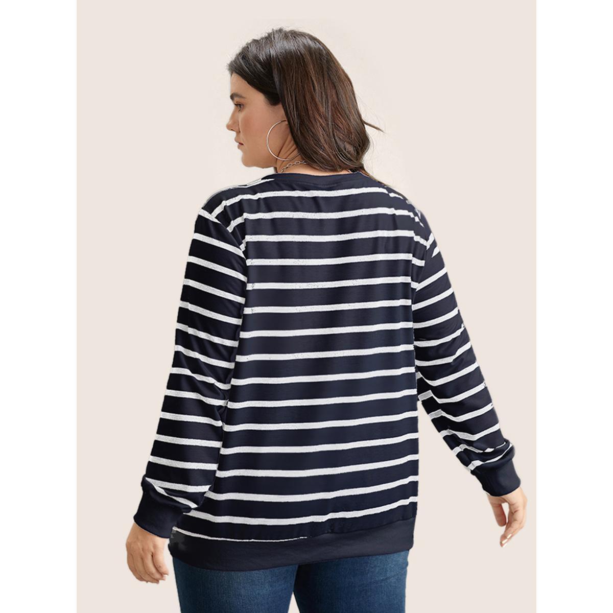 Plus Size Rib Knit Striped Round Neck Sweatshirt Women Blue Casual Non Round Neck Everyday Sweatshirts BloomChic 28/5X Product Image