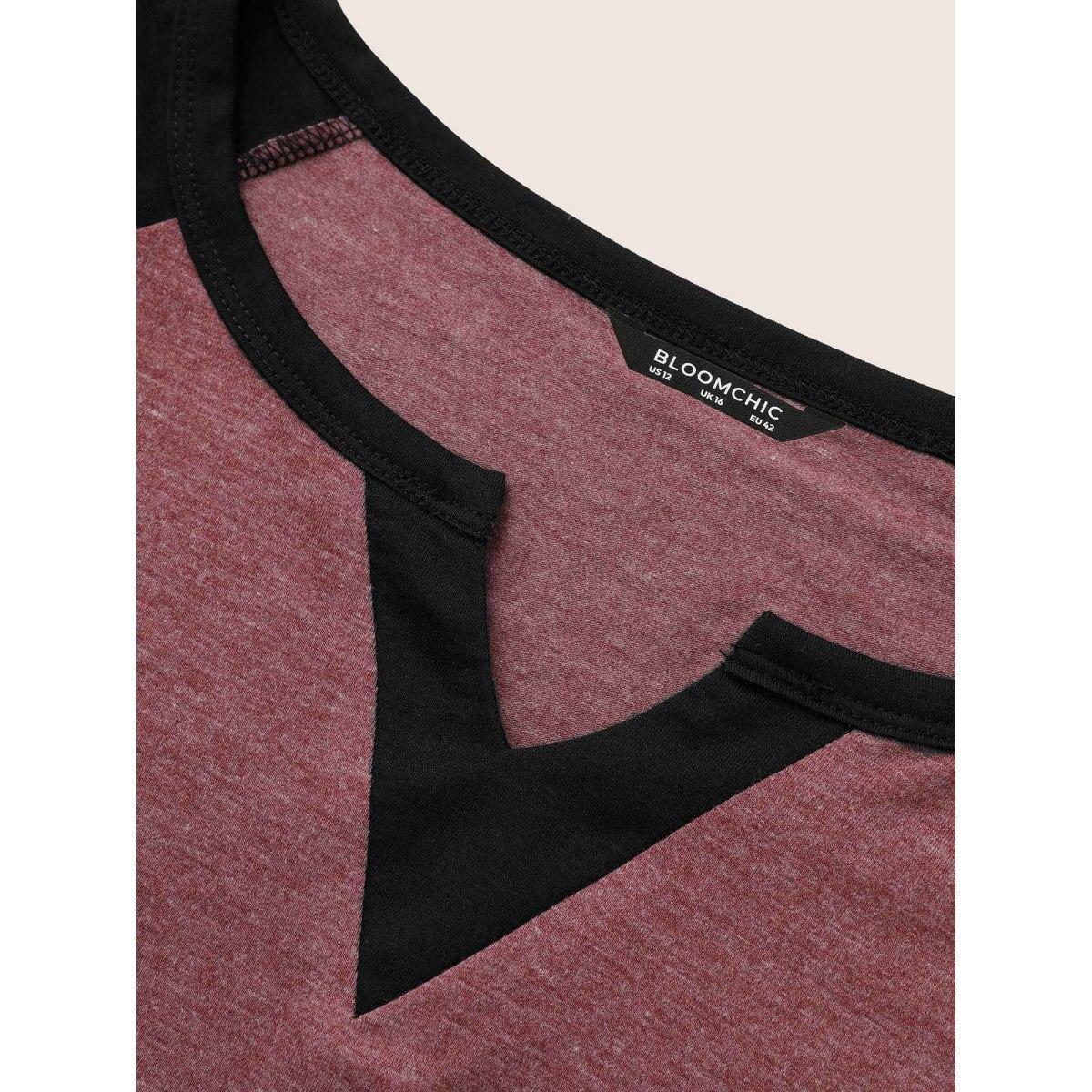 Plus Size Colorblock Contrast Notched Raglan Sleeve T-shirt Burgundy Women Casual Plain Everyday T-shirts BloomChic 18-20/2X Product Image