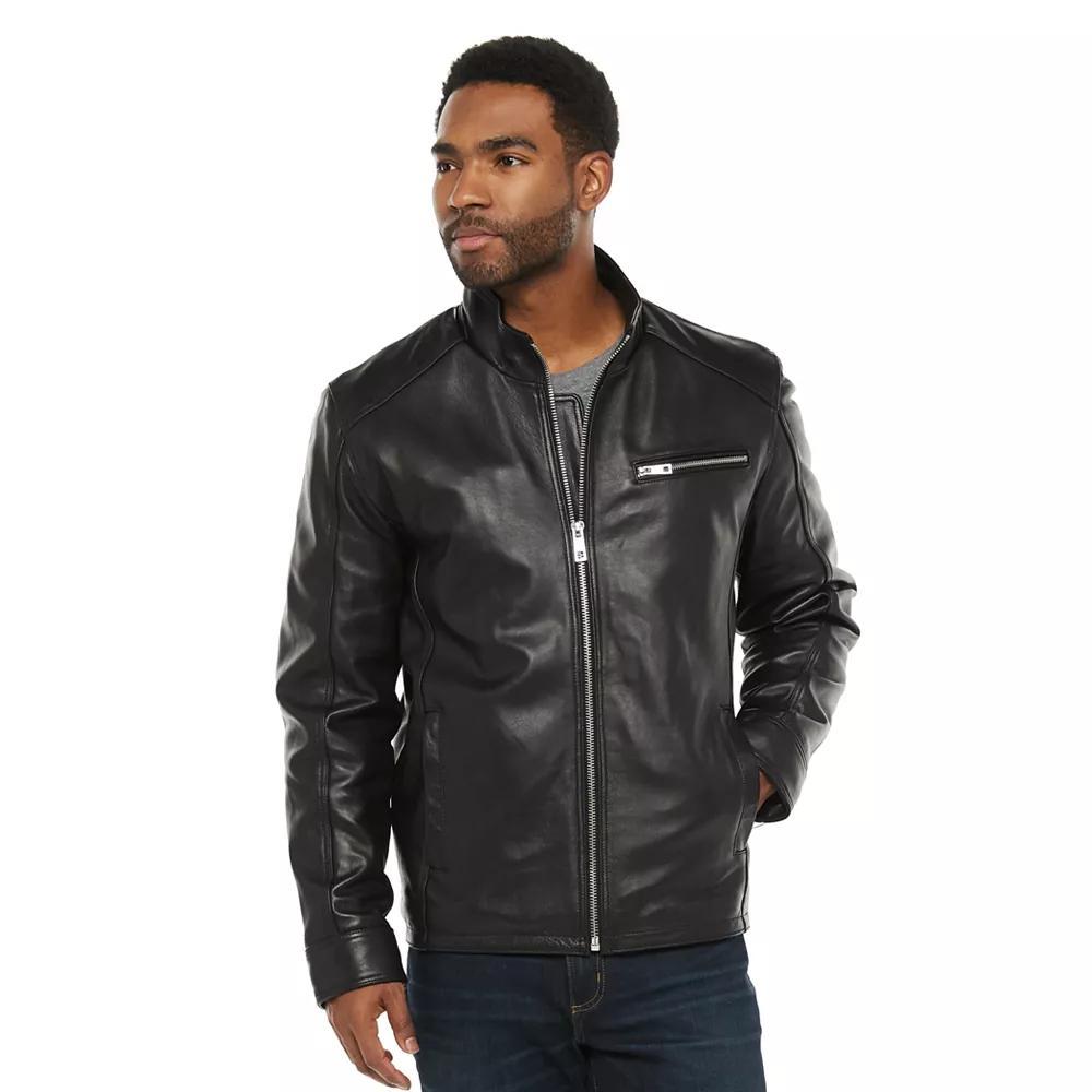 Men's Vintage Leather Lambskin Leather Racer Jacket, Size: Large, Black Product Image