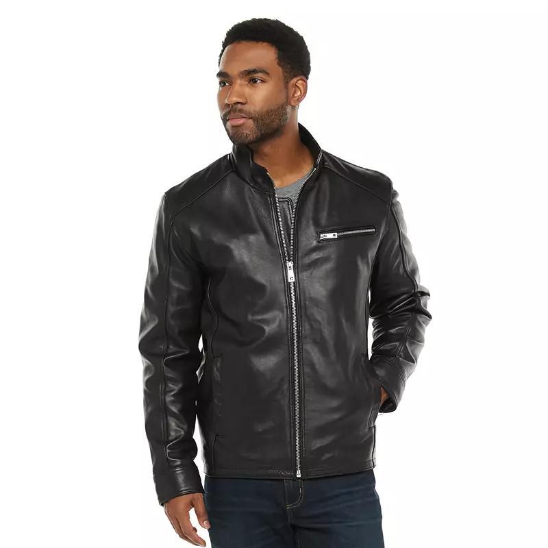 Men's Vintage Leather Lambskin Leather Racer Jacket, Size: Large, Black Product Image