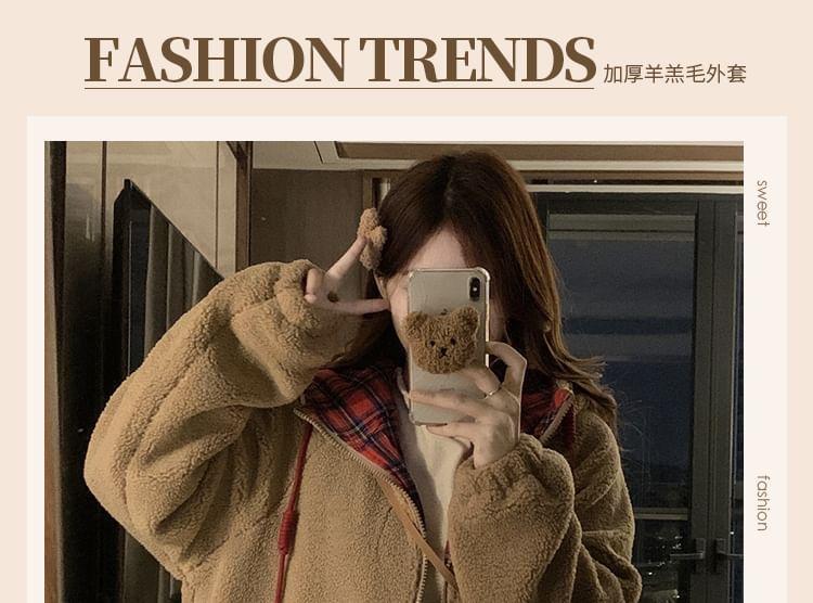 Plaid Drawstring Fleece Zip Jacket Product Image