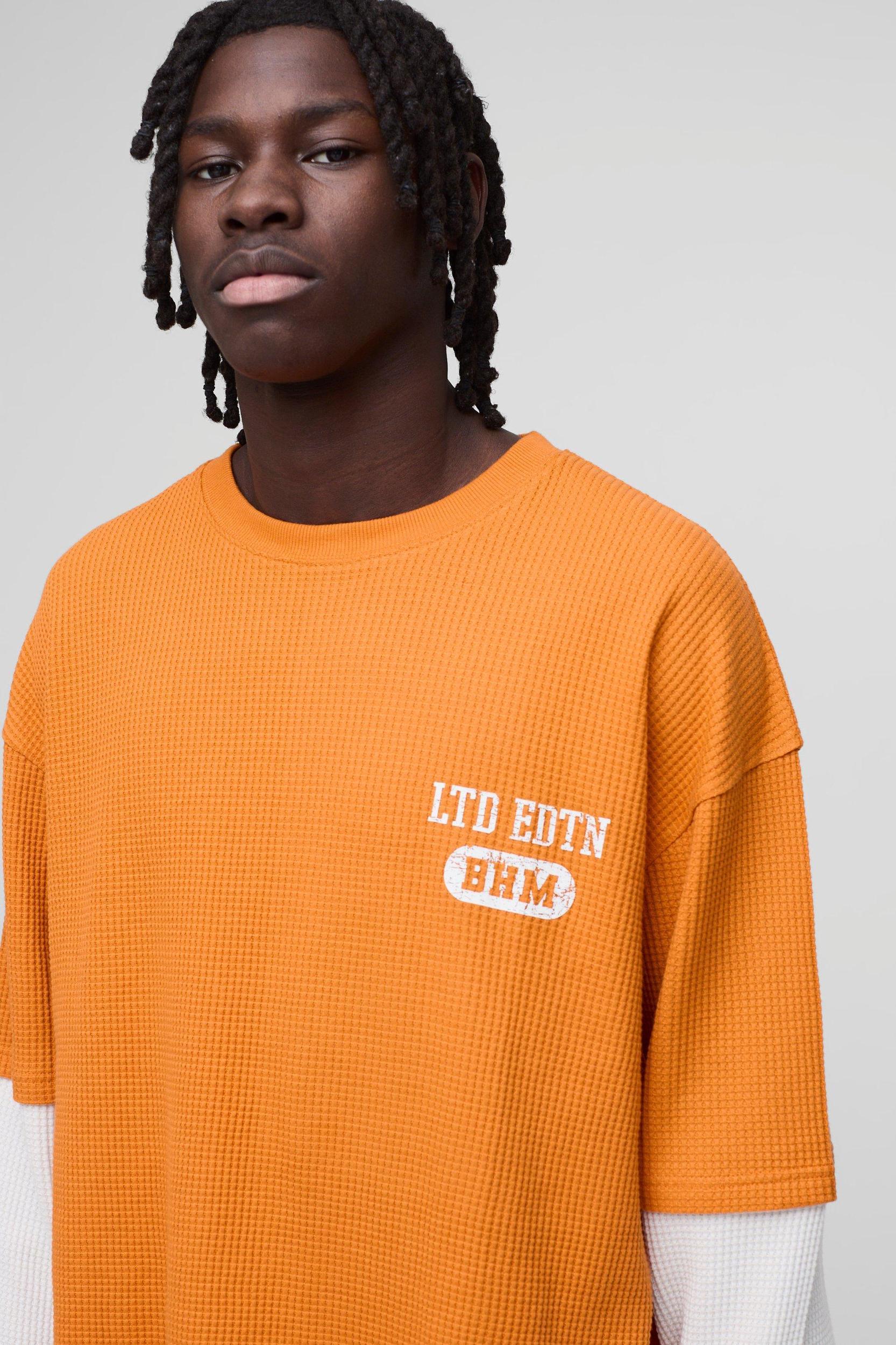 Oversized Faux Sleeve Waffle Print T-Shirt | boohooMAN USA Product Image