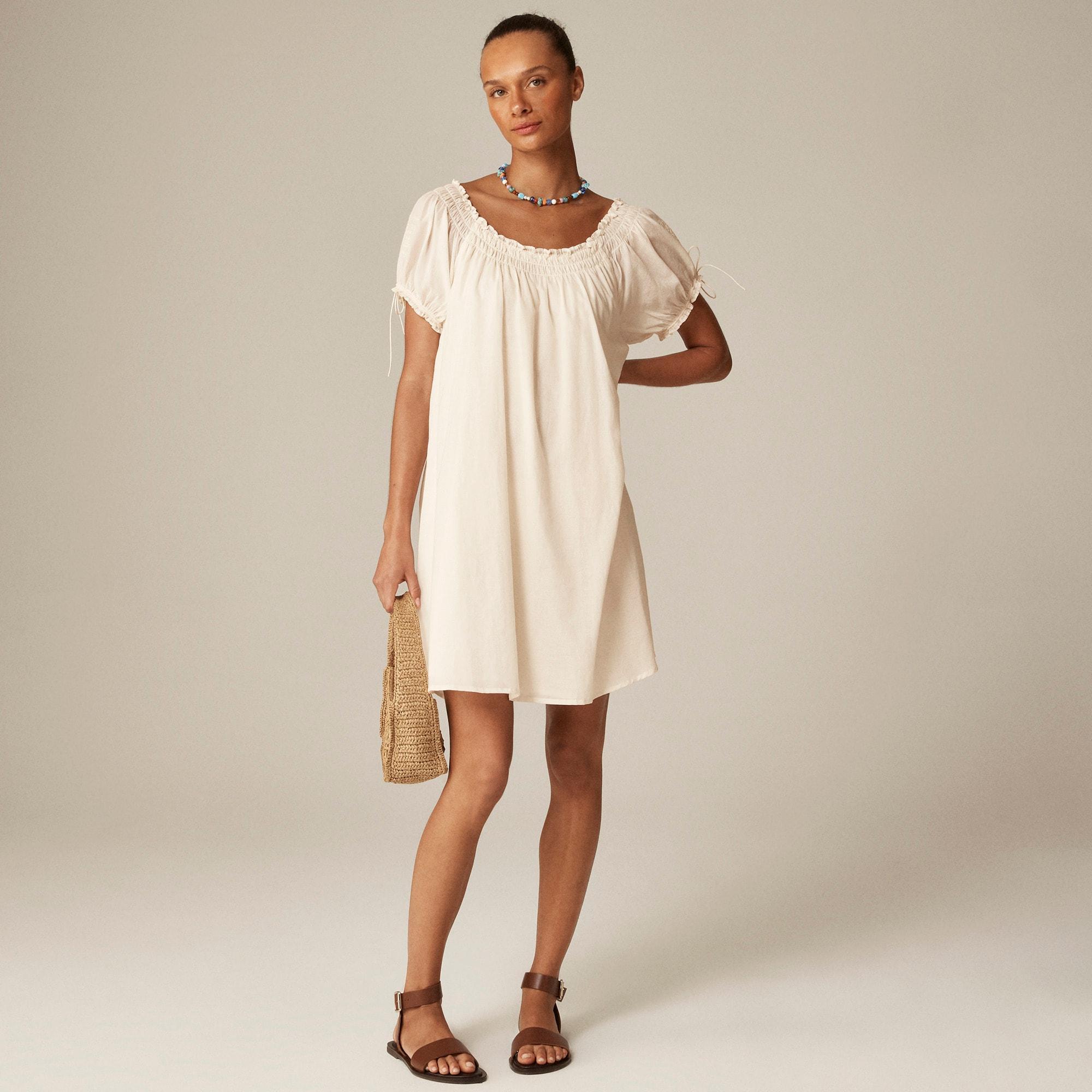 Smocked puff-sleeve mini dress in cotton voile Product Image