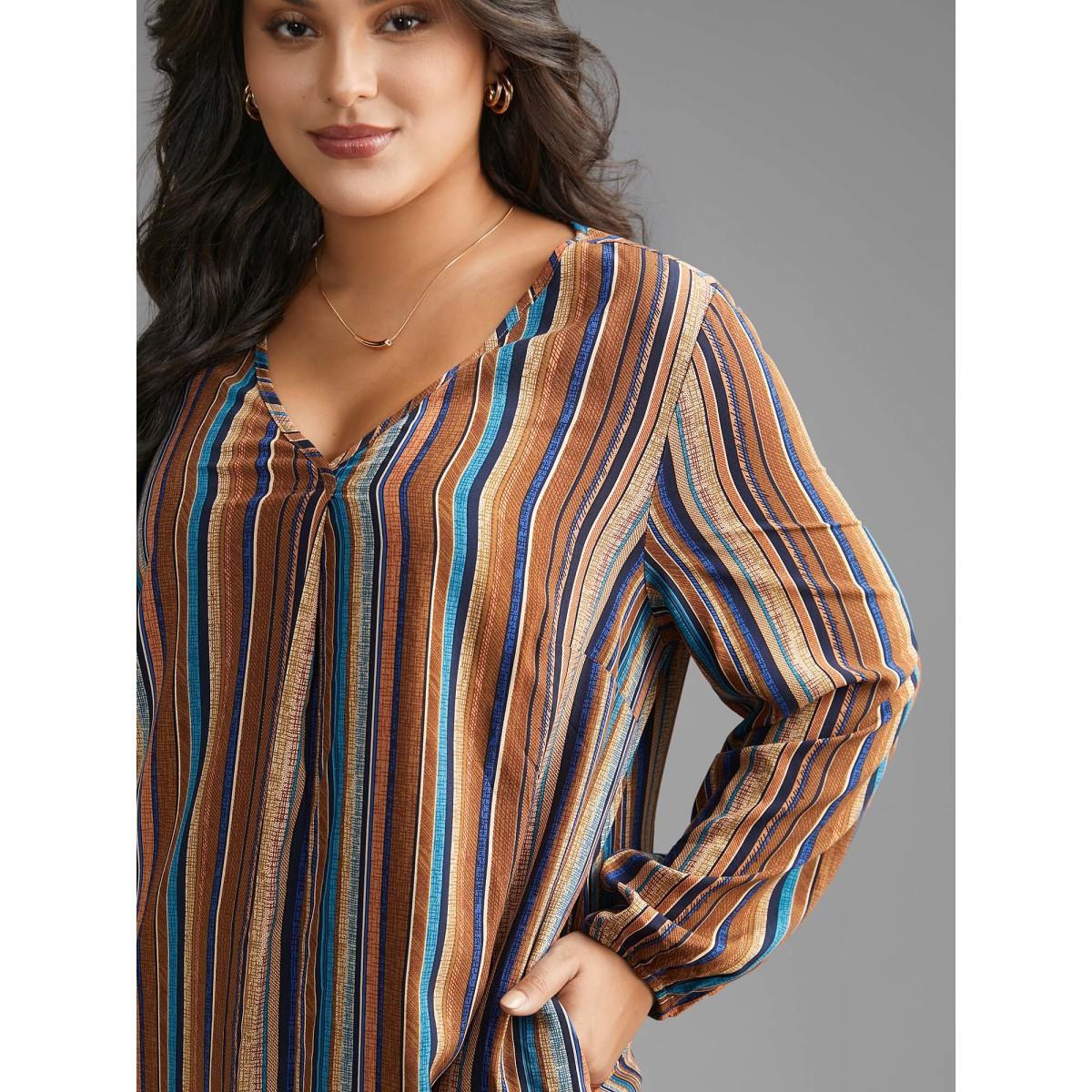 Plus Size Multicolor Contrast Striped Pocket Lantern Sleeve Blouse Women Elegant Extra Long Sleeve V-neck Everyday Blouses BloomChic 18-20/2X Product Image