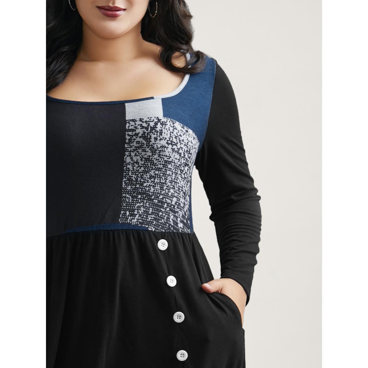 Plus Size Geometric Color-Block Stretchy Waist Midi Dress Black Women Casual Contrast Knit Dresses Bloomchic 14-16/1X Product Image