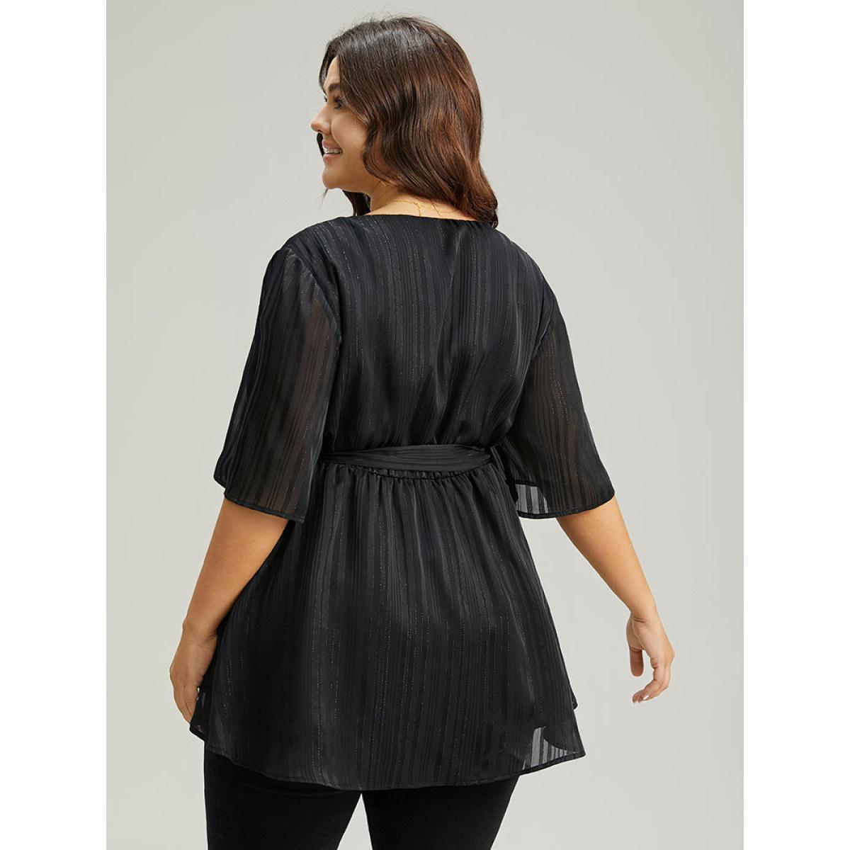 Plus Size Black Solid Chiffon Belted High Low Hem Blouse Women Elegant Half Sleeve V-neck Everyday Blouses BloomChic 30/6X Product Image