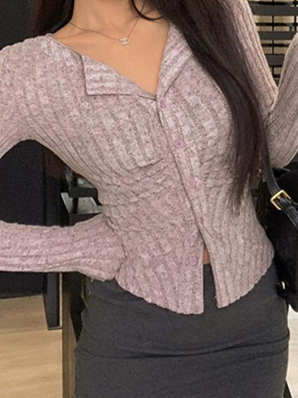 Lapel Neck Ruched Slim Long Sleeve Knit Product Image