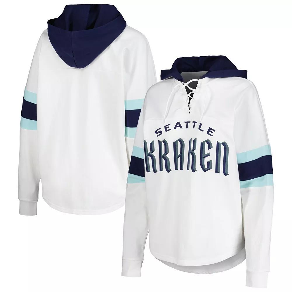 Women's G-III 4Her by Carl Banks White/Deep Sea Blue Seattle Kraken Goal Zone Long Sleeve Lace-Up Hoodie T-Shirt, Size: Large, Krk White Product Image