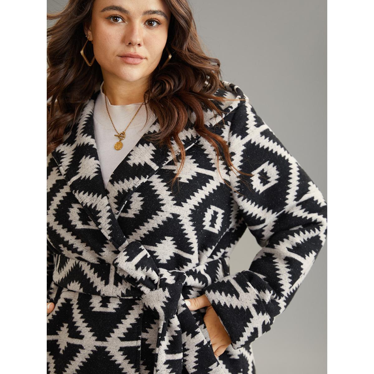 Plus Size Geometric Lapel Collar Pocket Belted Coat Women DarkGray Casual Belted Ladies Dailywear Winter Coats BloomChic 18-20/2X Product Image