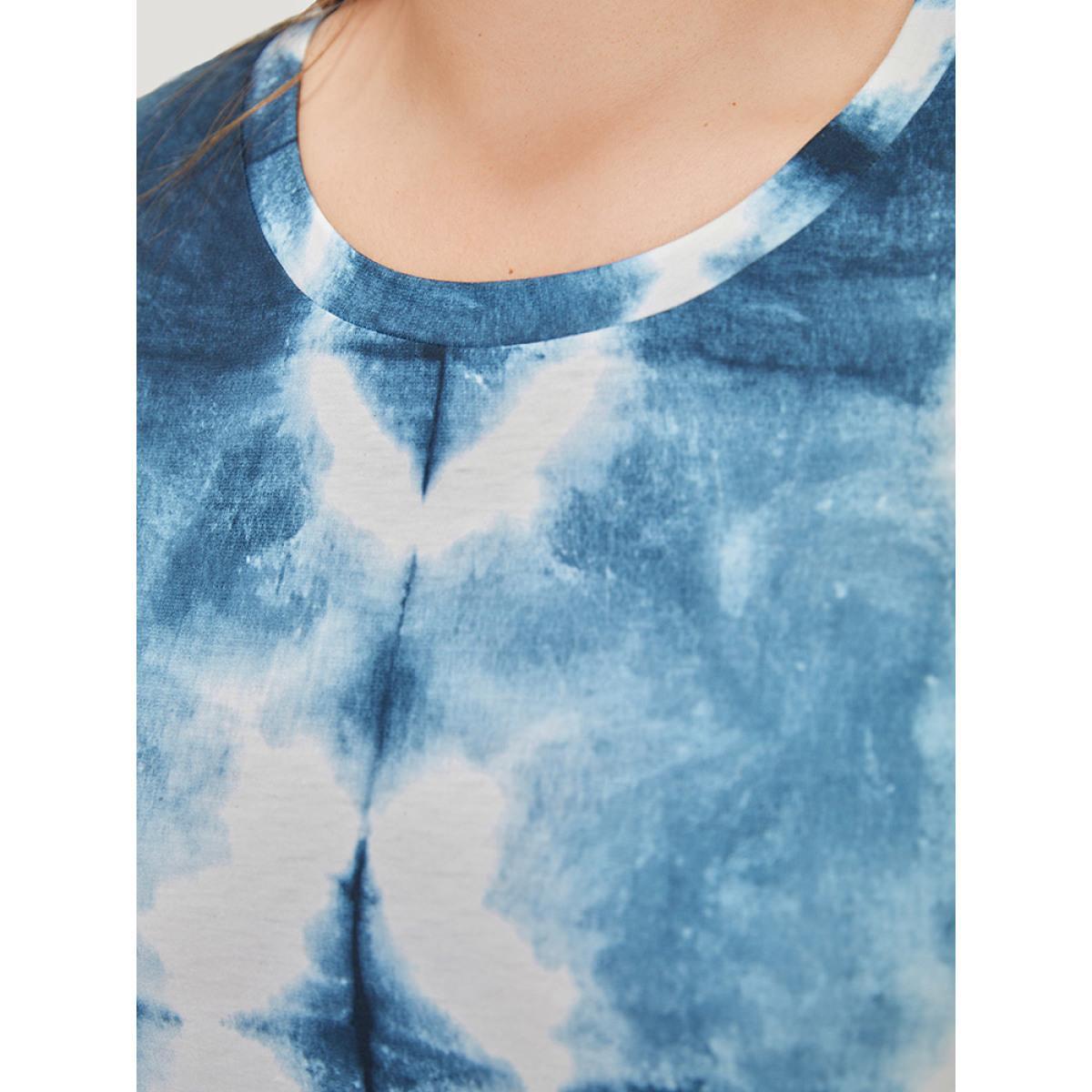 Plus Size Tie Dye Pocket Ruffle Hem Crew Neck Dress Blue Women Casual Printed Round Neck Short sleeve Curvy Midi Dress BloomChic 12/L Product Image