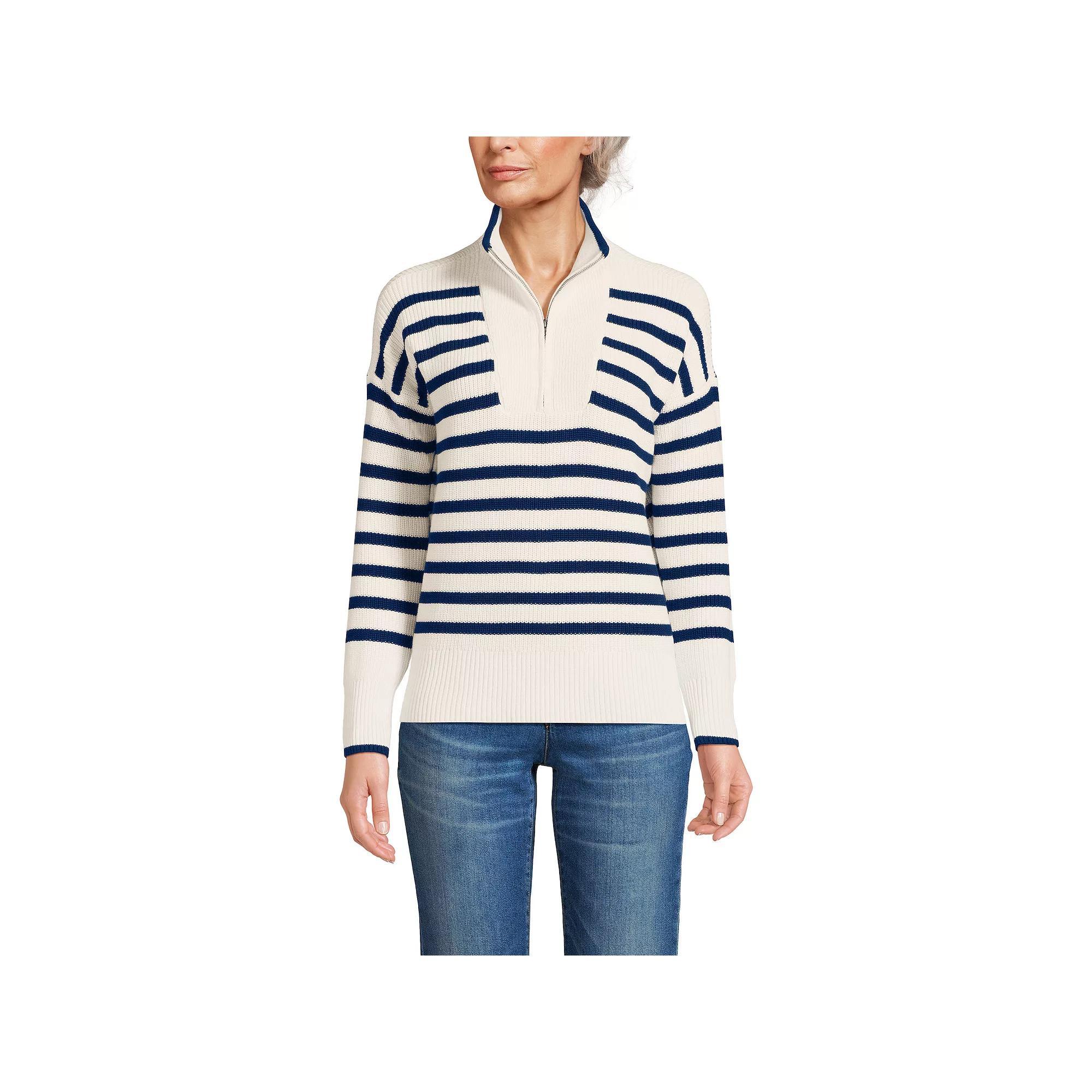Petite Lands' End Drifter Quarter-Zip Pullover Sweater, Women's, Size: Large Petite, Ivory Navy Stripe Product Image