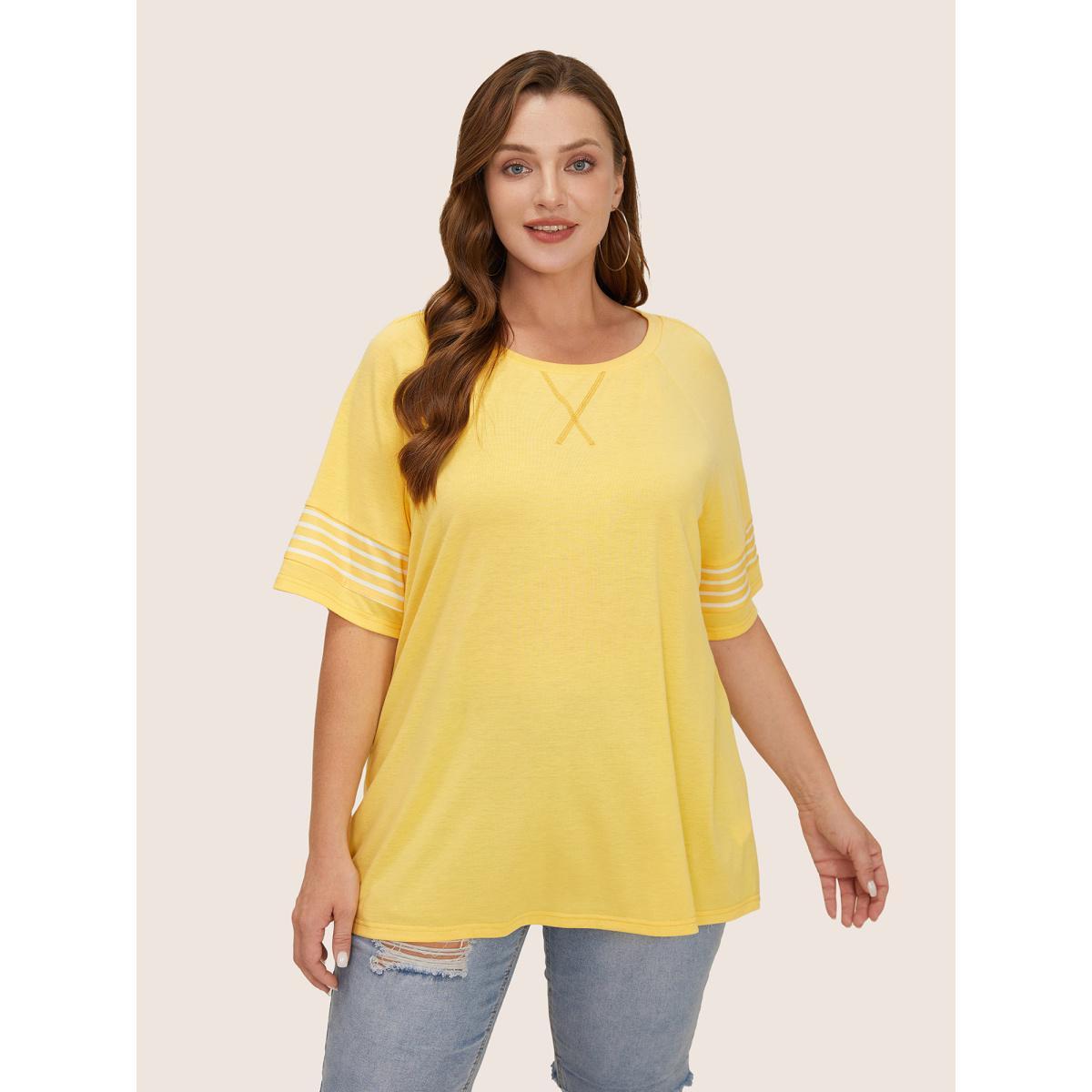 Plus Size Striped Contrast Raglan Sleeve Crew Neck T-shirt Yellow Women Casual Plain Everyday T-shirts BloomChic 26/4X Product Image