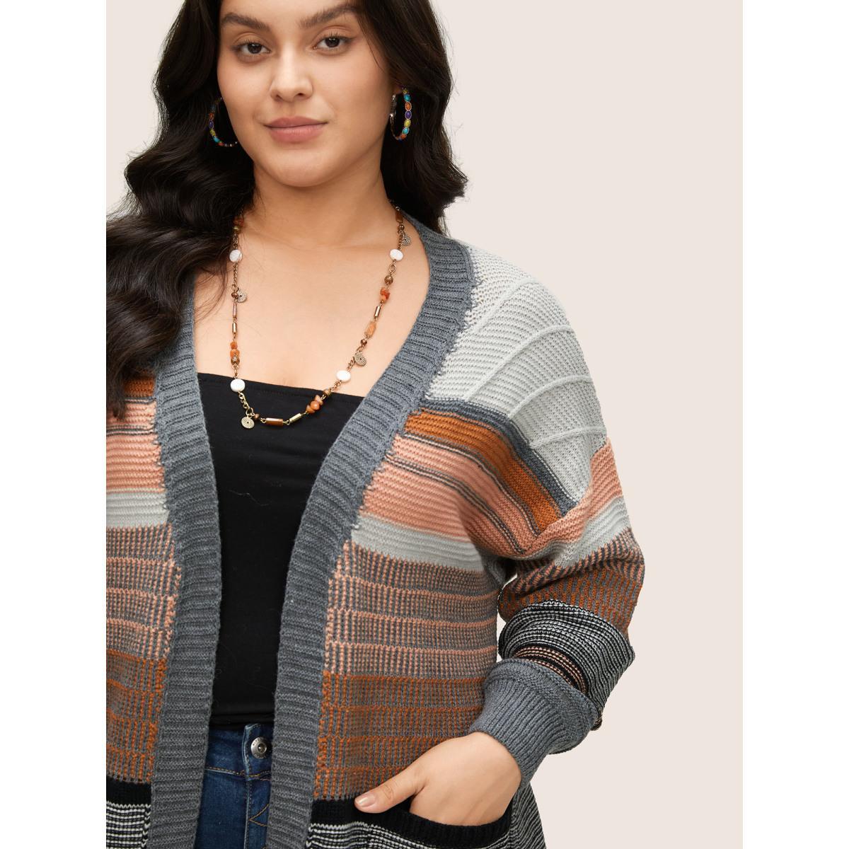 Plus Size Textured Patchwork Contrast Pocket Open Front Cardigan Gray Women Casual Loose Long Sleeve Dailywear Cardigans BloomChic 10/M Product Image