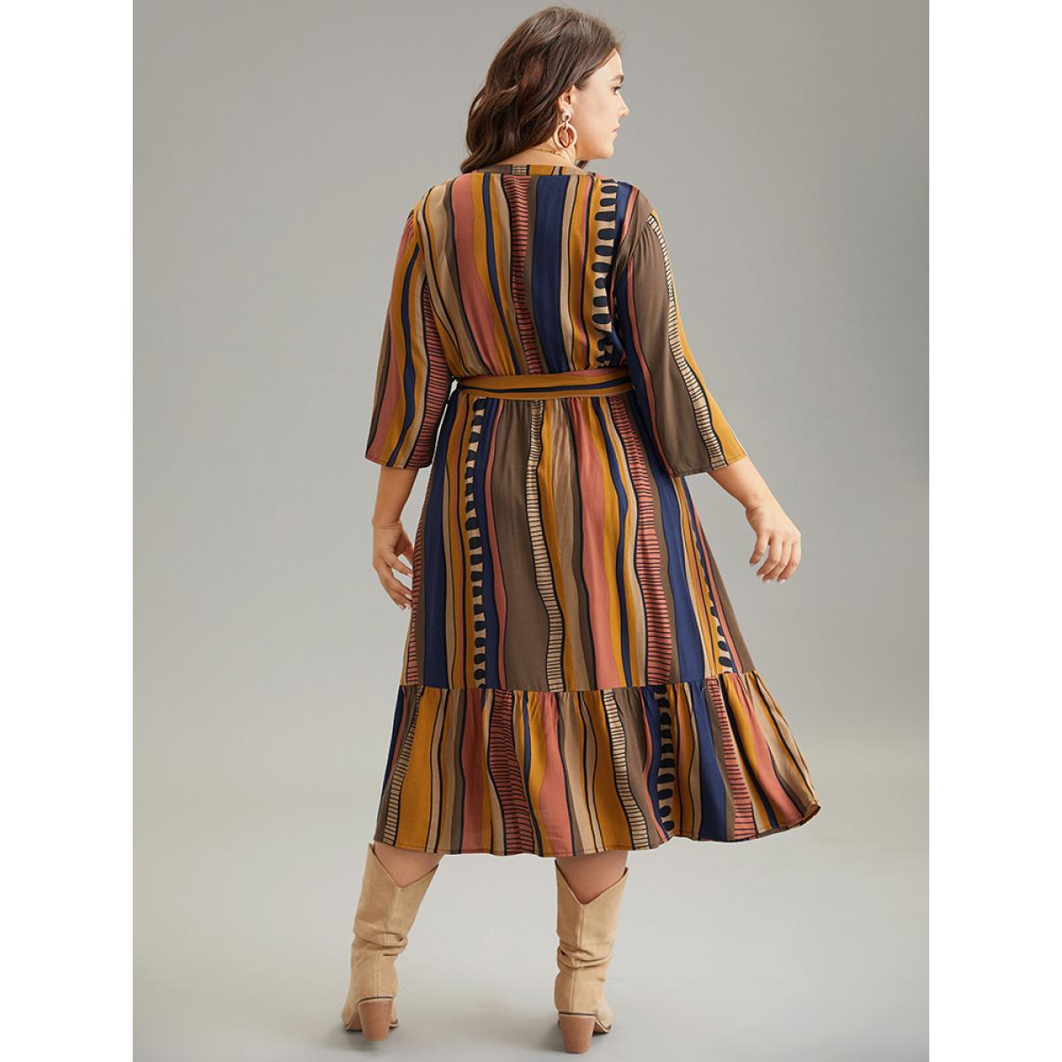 Plus Size Cotton Striped Colorblock Belted Notched Dress Chocolate Women Vacation Belted Notched collar Elbow-length sleeve Curvy Midi Dress BloomChic 10/M Product Image