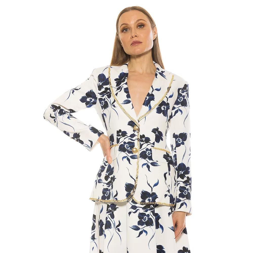 Women's ALEXIA ADMOR Janet Fitted Blazer With Chain Trim Detailing, Size: 6, Blue Floral Product Image
