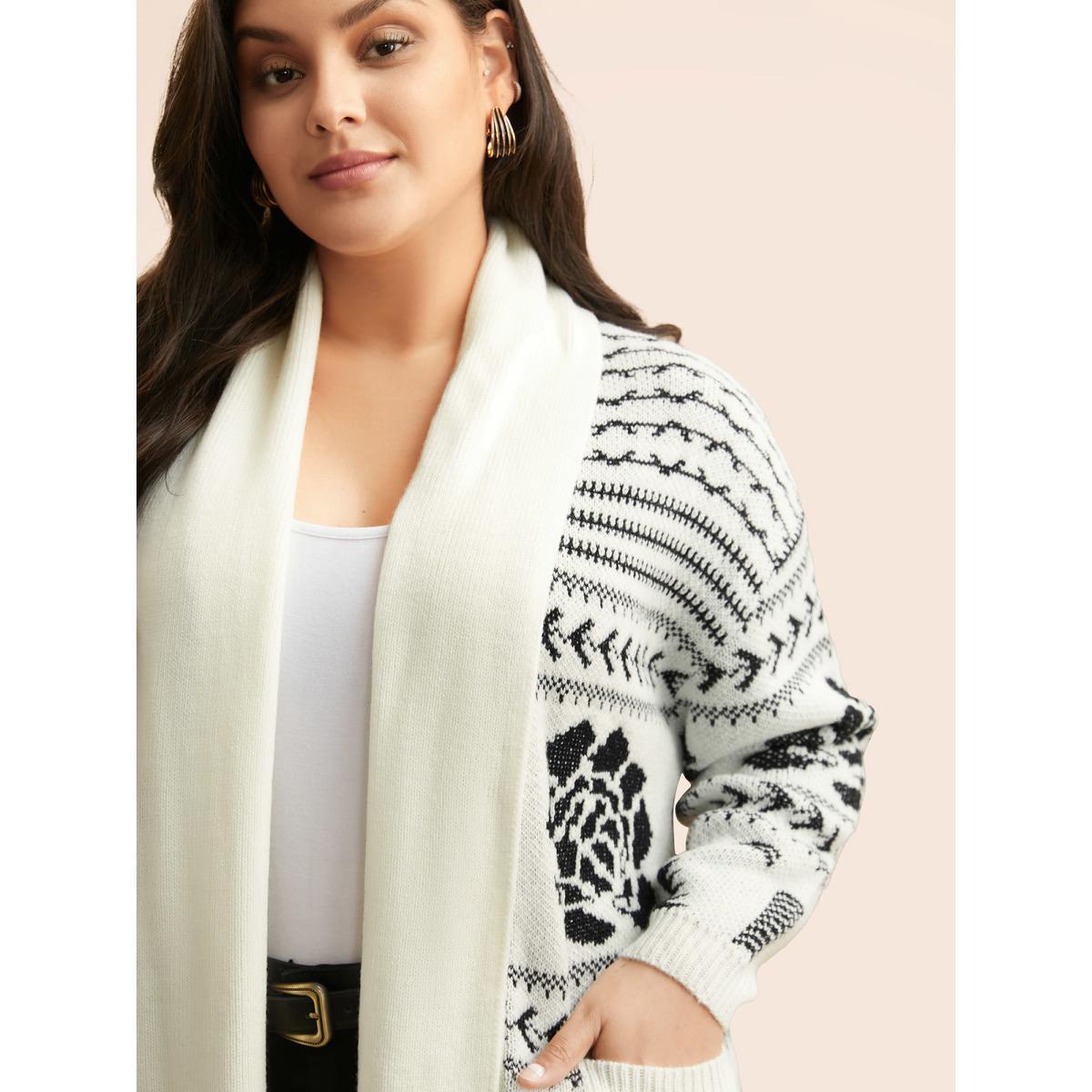 Plus Size Geometric Jacquard Lapel Collar Cardigan Beige Women Casual Loose Long Sleeve Everyday Cardigans BloomChic 26/4X Product Image